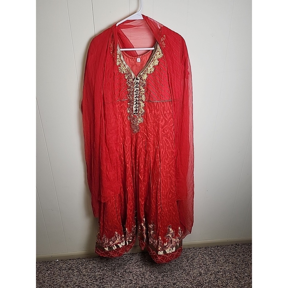 Bollywood Indian Anarkali Dress Red And Gold 2-piece Sz X-L